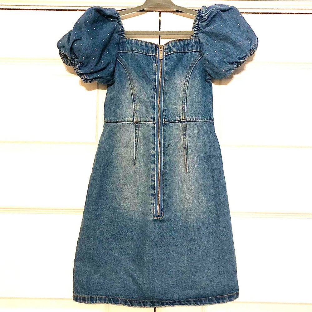 NORDSTROM x TRUCE Pretty Chic Rhinestone Denim Dress Puff Sleeve S (7-8) NWT